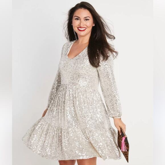 Eliza J Silver Sequin Tiered Fit and Flare Mini Dress Pockets Balloon Sleeves 4 - Picture 2 of 12